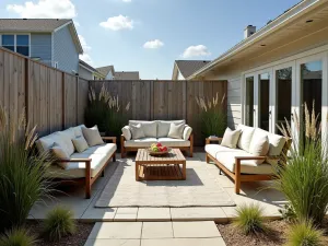 Coastal Privacy Garden - A beachy front patio with weathered wood privacy screens and sea grass plantings, featuring casual outdoor furniture and coastal decor