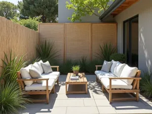 Coastal Reed Screen - Beach-style patio with natural reed screening panels and coastal grasses, featuring weathered wood furniture