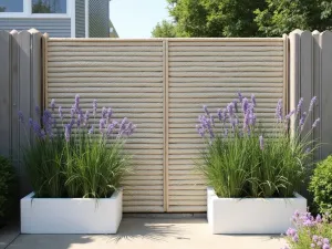 Coastal Privacy Screen - Weather-resistant rope privacy screen with nautical design, accompanied by coastal grasses and lavender in whitewashed planters