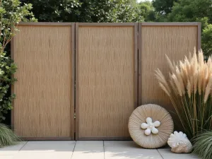 Coastal Woven Reed Privacy Screen - Natural reed privacy screens with weathered wooden frames, accompanied by coastal grasses and shell decorations for a beach-house patio