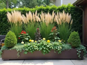 Container Garden Border - Mixed height container garden creating a natural privacy border, featuring tall ornamental grasses, butterfly bush, and flowering perennials