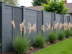 Contemporary Composite Screen - Gray composite privacy screen with alternating solid and perforated panels, accented by tall feather reed grass and lavender