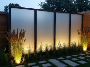 Contemporary Glass Panel Privacy Screen - Frosted glass panels with steel frames creating a modern privacy screen, accented with architectural grasses and LED strip lighting