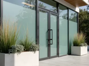 Contemporary Glass Privacy - Frosted glass panels with sleek aluminum frames, complemented by modern planters with tall grass specimens and architectural succulents