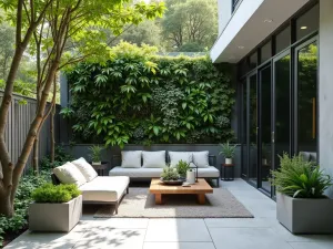 Contemporary Living Privacy Wall - A modern front patio featuring a vertical garden privacy wall with mixed ferns and succulents, minimalist furniture, and geometric planters