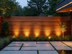 Contemporary Slatted Cedar Screen - A horizontal cedar slat privacy screen with varying widths, illuminated by integrated LED strips, casting dramatic shadows on a modern concrete patio