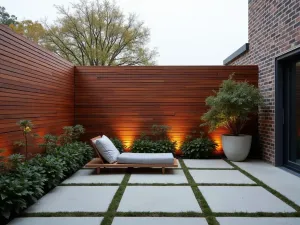 Contemporary Slatted Privacy Wall - A minimalist patio with angled wooden slat privacy walls, featuring integrated LED lighting and sculptural container plants