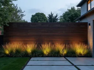 Contemporary Slatted Screen - Modern horizontal wooden slat privacy screen in dark charcoal, with integrated LED lighting and sculptural potted grasses