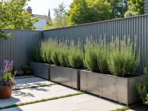 Corrugated Metal Privacy Wall - An industrial-modern patio featuring a corrugated metal privacy wall with integrated planter boxes containing trailing rosemary and lavender