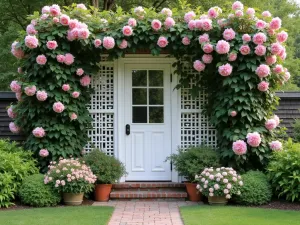 Cottage Garden Privacy Trellis - A white wooden lattice privacy wall covered in climbing roses and clematis, creating a romantic cottage garden atmosphere around a vintage-style patio