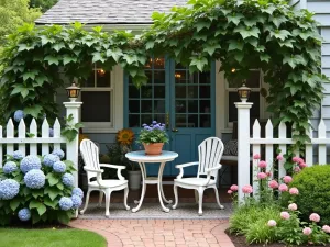 Cottage Garden Privacy - A charming front patio enclosed by white picket fence with climbing hydrangeas and clematis, featuring vintage garden furniture