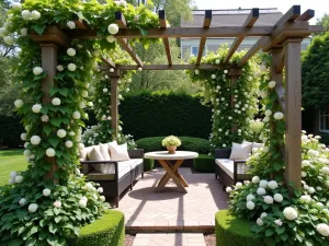 Cottage Garden Screen - English cottage-style patio surrounded by climbing hydrangeas on wooden arbors, with mixed perennial borders providing natural privacy