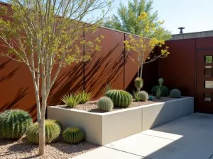 Desert Modern Privacy - Cor-ten steel privacy panels with geometric cutouts, surrounded by drought-resistant plants and cacti in minimalist concrete planters