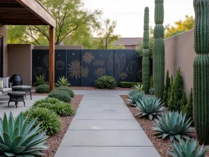 Desert Modern Screen - Contemporary patio with custom metal screens featuring succulent patterns, surrounded by tall cacti and agave plants