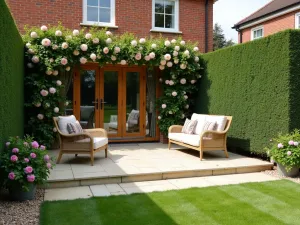 English Garden Privacy - A traditional front patio enclosed by formal yew hedging and espaliered fruit trees, featuring classic garden furniture and climbing roses