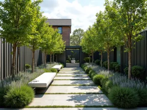 Espalier Fruit Wall - Elegant espaliered fruit trees creating a living privacy screen along modern steel cables, with integrated bench seating