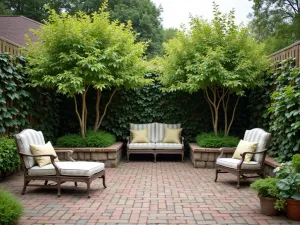 Espalier Fruit Wall - Traditional patio with espaliered apple and pear trees creating living privacy wall, brick pavers, classic garden furniture