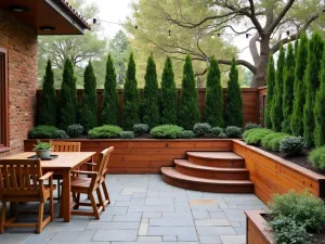 Evergreen Container Wall - Rustic patio with tiered cedar planters containing Italian cypress and juniper creating year-round privacy, string lights, wooden furniture