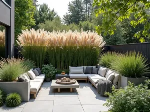 Ornamental Grass Screen - Contemporary patio space with tall miscanthus grass and pampas grass creating flowing natural privacy screen, modern concrete planters