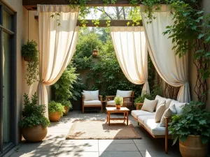 Hanging Garden Curtains - Outdoor fabric curtains in weather-resistant material, paired with hanging potted ferns and trailing vines, creating a soft private oasis