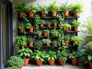 Hanging Garden Privacy Wall - A lush vertical garden with cascading potted plants on a tiered hanging system, creating a living privacy wall on an apartment patio, featuring trailing ivy, ferns, and petit flowering plants