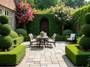 Hedge Row Privacy - Formal English garden style patio surrounded by neat boxwood hedges and climbing roses, stone pavers, classical furniture