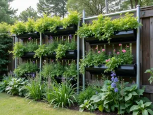 Herb Garden Screen - Tiered herb garden privacy screen made from recycled gutters, featuring cascading herbs and edible flowers in a practical vertical design