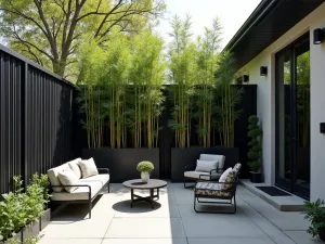 Industrial Chic Screen - A modern front patio with black metal privacy screens and steel planters filled with tall ornamental bamboo, featuring industrial-style furniture