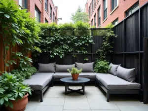 Industrial Metal Grid Privacy Screen - Modern black metal grid privacy screen with climbing jasmine and integrated bench seating, creating an urban outdoor living space