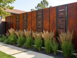 Industrial Metal Panel Screen - Cor-ten steel panels with laser-cut geometric patterns creating a modern industrial privacy screen, softened by potted ornamental grasses