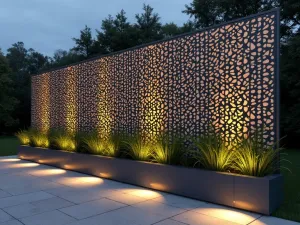 Industrial Metal Screen - Contemporary perforated metal privacy screen with geometric patterns, complemented by modern planters with architectural plants and LED lighting