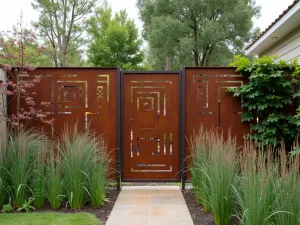 Industrial Metal Screen - Cor-ten steel privacy screens with geometric cutout patterns, softened by tall ornamental grasses and climbing vines