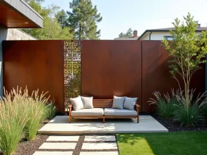 Industrial Privacy Panels - Modern cor-ten steel privacy panels with geometric cutouts, complemented by architectural grasses and contemporary outdoor furniture