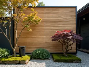 Japanese Bamboo Reed Screen - Traditional rolled bamboo reed privacy screen with black metal frame, accented by potted Japanese maples and moss gardens