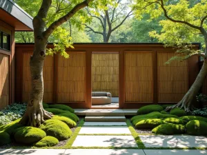 Japanese Screen Privacy Wall - An elegant Japanese-style bamboo and wood privacy screen with sculptural maple trees and moss gardens, creating a peaceful patio retreat