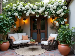 Climbing Jasmine Wall - Mediterranean-style patio with white-painted trellis covered in blooming star jasmine, creating a fragrant privacy wall, terracotta pots, comfortable seating, evening atmosphere