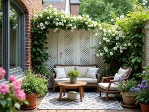 Lattice Screen with Climbing Vines - A white wooden lattice privacy screen covered in flowering clematis and jasmine vines, creating an elegant natural barrier on a cozy apartment patio with comfortable seating