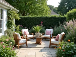 Layered Privacy Border - Cottage garden style patio with layered privacy border featuring hollyhocks, delphinium, and ornamental elder, vintage furniture