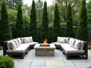 Living Green Privacy Screen - An elegant patio surrounded by tall emerald green arborvitae creating a natural privacy screen, with a stone fire pit and modern sectional seating