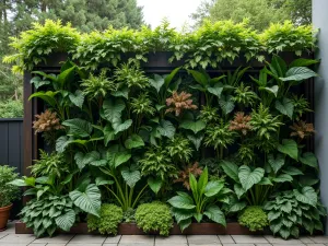 Living Green Wall Privacy Screen - A lush vertical garden privacy wall with integrated irrigation system, featuring a mix of ferns, philodendrons, and flowering plants