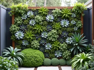 Living Succulent Wall - A vertical succulent garden creating a living privacy screen, featuring various types of sedums, echeverias, and air plants in a modern frame