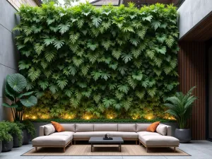 Living Green Wall - Modern vertical garden wall system filled with ferns, pothos, and peace lilies creating dense privacy screen, minimalist furniture, mood lighting