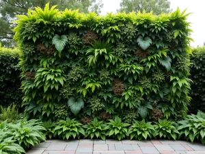 Living Wall Privacy - Dense living wall system with varied foliage plants, ferns, and small flowering species creating a sophisticated green privacy screen with built-in irrigation