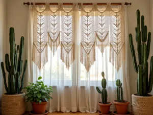 Macramé Curtain Privacy - Bohemian-style macramé curtains hanging from a wooden frame, paired with potted succulents and desert plants, creating a soft, filtered privacy screen