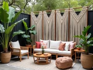 Macrame rope Privacy Screen - A bohemian patio featuring large-scale macrame rope privacy screens, potted monstera plants, and vintage rattan furniture