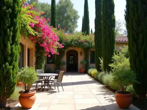 Mediterranean Privacy Hedge - A Mediterranean-style patio enclosed by tall Italian cypress trees and flowering oleander bushes, with terracotta planters and iron furniture