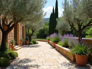 Mediterranean Privacy Garden - Sun-drenched patio with olive trees, cypress, and lavender creating natural privacy screening, terracotta pots, stone walls