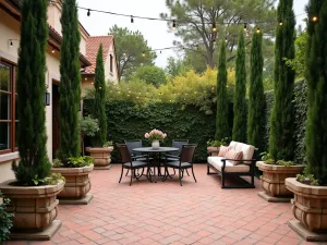 Mediterranean Privacy Screen - A terracotta-tiled front patio with tall cypress trees in stone planters creating natural privacy, featuring wrought iron furniture and string lights