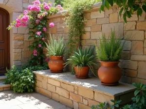 Mediterranean Stone Privacy Wall - A textured stone privacy wall with built-in terracotta planters featuring trailing bougainvillea and Mediterranean herbs, creating a warm courtyard atmosphere