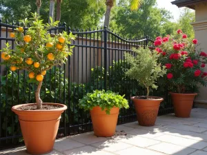 Mediterranean Terrace Privacy - Wrought iron privacy screen with terracotta planters featuring citrus trees, bougainvillea, and herbs, creating a Mediterranean atmosphere